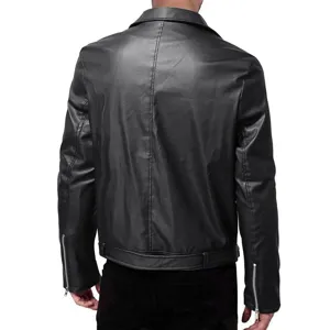 Men's black faux leather jacket detail back view showcasing zipper cuffs and belt hem.