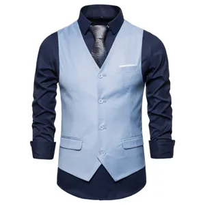 Men's business casual single-breasted suit vest paired with dark long sleeve shirt tie.