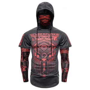 Detailed view of the men's cyberpunk tactical hoodie t-shirt with sleeves and mask.