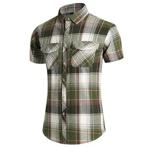 Men's short sleeve plaid shirt casual button-down workwear shirt with double pockets