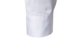 White men's long sleeve shirt cuff detail, premium fabric and neat stitching closeup view.