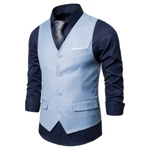 Men's casual business suit vest paired with long sleeve shirt and tie in detail view.