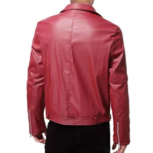 Men's red faux leather jacket back view, slim fit motorcycle biker outerwear product details.