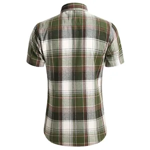 Men's green plaid short sleeve shirt back detail, casual workwear button down top