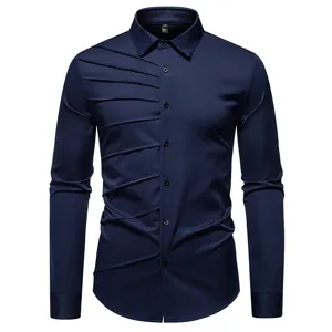 Men's stylish long sleeve dress shirt with asymmetric pleated design, slim fit casual button down.
