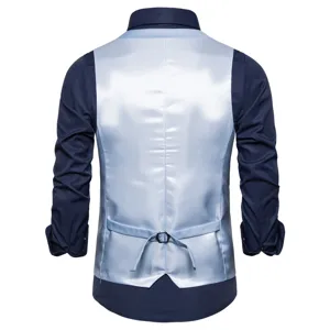 Back view detail of men business suit vest, showing adjustable strap and clean tailoring.