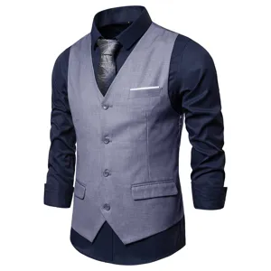 Men's casual suit vest detail highlighting the single-breasted button closure and pockets.