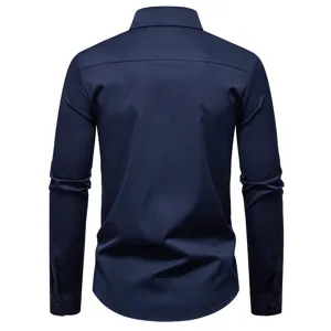 Back view detail of men solid navy long sleeve casual dress shirt with button cuffs.