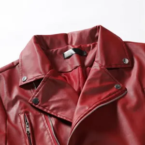 Men's red faux leather jacket detail, stylish lapel and metal zipper design, spring autumn.