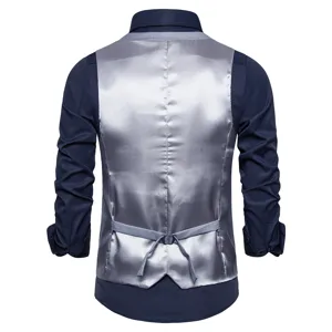 Men's business casual suit vest back detail, silver grey satin back with dark blue sleeves.