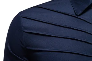Close-up detail of men's casual long sleeve shirt showing unique pleated layered chest design.
