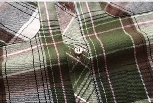 Men's casual plaid short sleeve shirt detail fabric view, stylish green checkered workwear style.