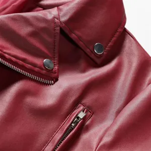 Close-up detail of men wine red faux leather jacket, showing collar lapel, snap buttons and zipper.