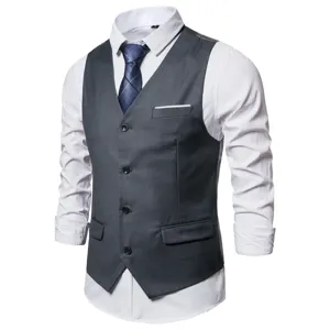 Mens solid color suit vest business casual single breasted waistcoat fine detail view