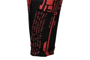 Men's fitness long sleeve t-shirt detail showing red and black techno print fabric.