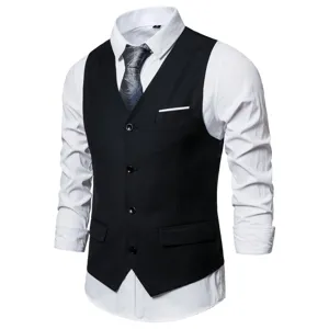 Men's solid color business casual single-breasted suit vest with white shirt detail.