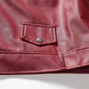 Close-up detail of men casual faux leather jacket pocket and bottom hem design feature