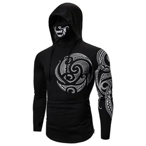 Close-up detail of men's ninja hoodie long sleeve athletic shirt with tribal graphics and mask.