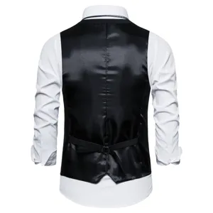 Back view detail of men solid color business casual suit vest waistcoat with adjustable back strap.