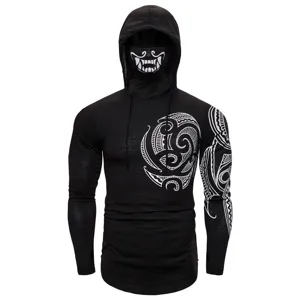 Detail view of men tactical ninja hoodie t-shirt with built-in mask and tribal arm print.