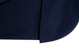Men's casual long sleeve shirt detail, solid navy blue fabric with fine stitching.