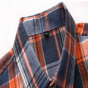 Detailed shot of men's casual plaid shirt collar, showing fabric texture and size label.