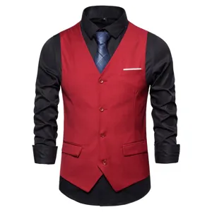 Men's red suit vest with black long sleeve shirt and tie, formal business casual attire details.