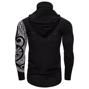 Men's black long sleeve hooded t-shirt detail showing tribal sleeve print and ninja neck.