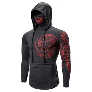 Detailed view of dark grey men's fitness long sleeve hoodie with red tribal graphic print.