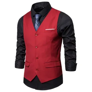 Men's business casual red suit vest with black long sleeve shirt and tie set for formal wear.