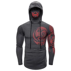 Men's tactical ninja hooded long sleeve t-shirt with face mask and red tribal print fitness top
