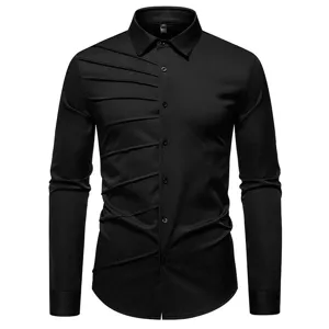 Men's stylish black long sleeve dress shirt with unique pleat design, casual button-down shirt.
