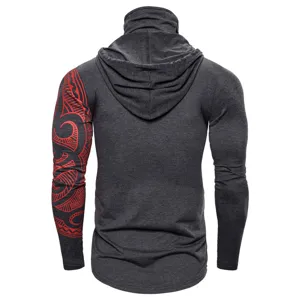 Men long sleeve fitness ninja hoodie with red tribal sleeve and face mask detail back view