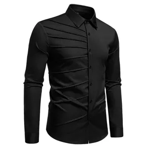 Detailed view of men's black long sleeve shirt featuring unique diagonal pleated design.