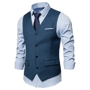 Men's business casual suit vest and long sleeve shirt detail shot, navy blue waistcoat