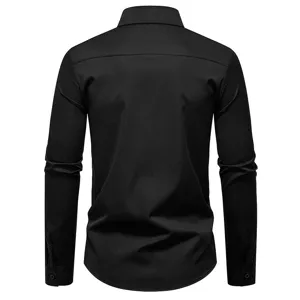 Men's black long-sleeve casual shirt back view, showing tailored fit and smooth solid fabric.