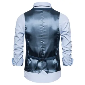 Back detail of men's glossy suit vest, showing adjustable back strap and tailored fit.