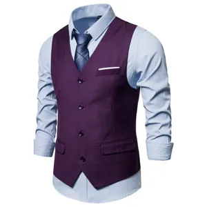 Men's business casual purple suit vest waistcoat paired with light blue shirt and tie detail view