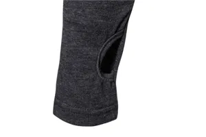 Detailed view of the dark grey stretch long sleeve activewear cuff with practical thumb holes.