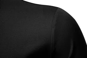 Men's long sleeve shirt shoulder detail close-up, classic black fashion top display view.