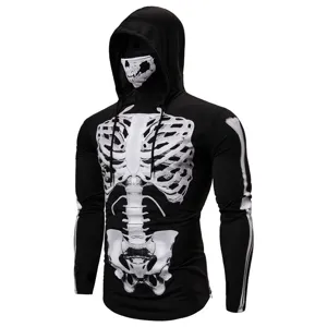 Men's Halloween skull print long sleeve hoodie with matching face mask for fitness workout activewear.