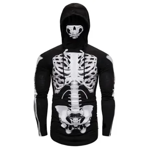 Close-up detail of the black skeleton long-sleeve hooded shirt showing print texture.