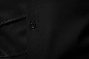 Men casual black long sleeve shirt fabric detail view, soft texture and exquisite button design.