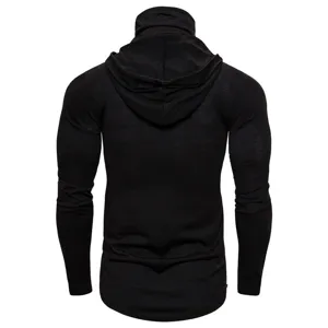 Detail view of men's stretch ninja hooded long sleeve fitness t-shirt in solid black.