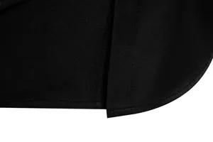 Close-up detail shot of black long sleeve shirt hem, fine stitching craftsmanship for men.