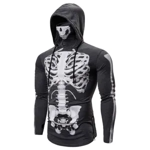 Detailed view of dark grey skeleton print long sleeve fitness hoodie with matching skull face mask.