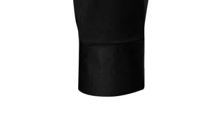Close-up detail of black men's long sleeve shirt cuff, showing fine stitching and fabric texture.
