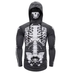 Mens dark grey skeleton hoodie with mask, stretchy long sleeve fitness ninja t-shirt.