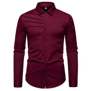 Men's Long Sleeve Dress Shirt Burgundy Casual Pleated Button Down Shirt For Men