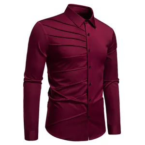 Men's burgundy long-sleeve shirt detail, asymmetric pleated design, stylish slim fit top.